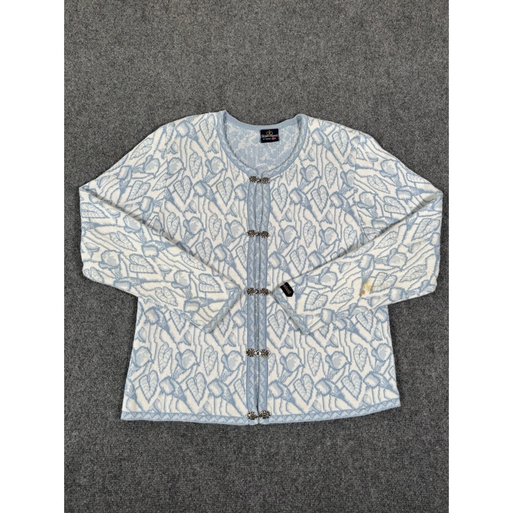 SKJAEVELAND Norway Nordic Cardigan Sweater Womens Small Blue White Heart Pattern